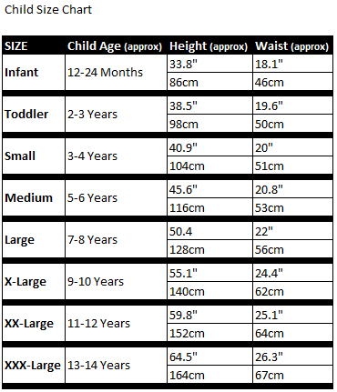 Rubies Child Size Chart