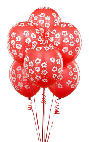 Red White Hibiscus Flower Balloons X 6