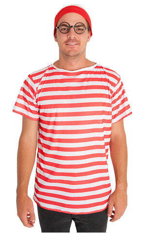 Wheres Wally Adult Costume Shirt Glasses Hat