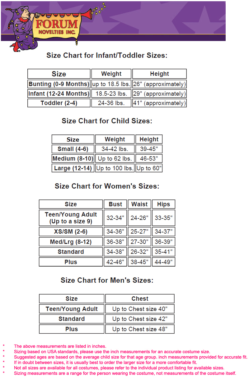 Forum Novelties Costume Size Chart