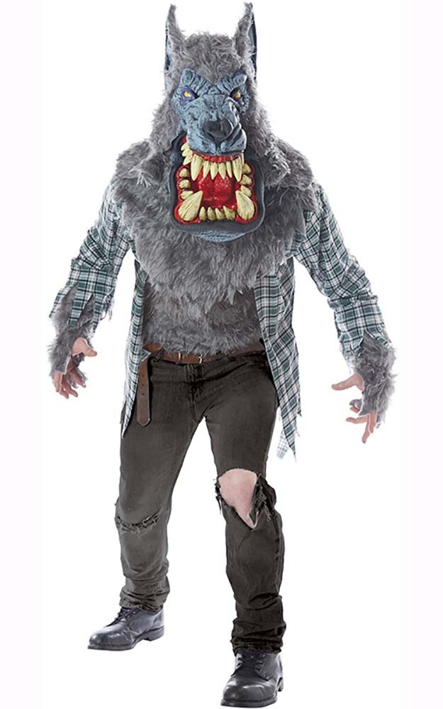 Mens Fur Grey Werewolf Halloween Animal Fancy Dress Costume Outfit M L /& XL