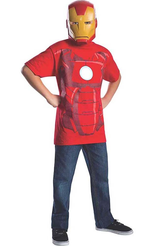 LICENSED IRON MAN COSTUME TOP T-SHIRT AND MASK CHILD BOYS FANCY DRESS ...