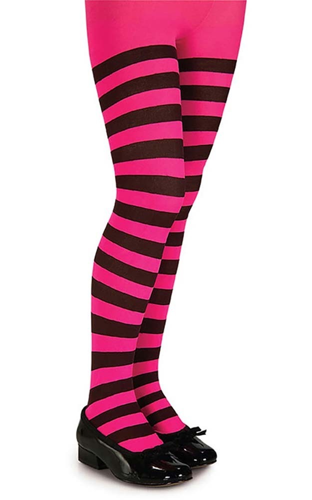 PINK & BLACK STRIPED WITCH CHILD TIGHTS STOCKINGS HALLOWEEN COSTUME