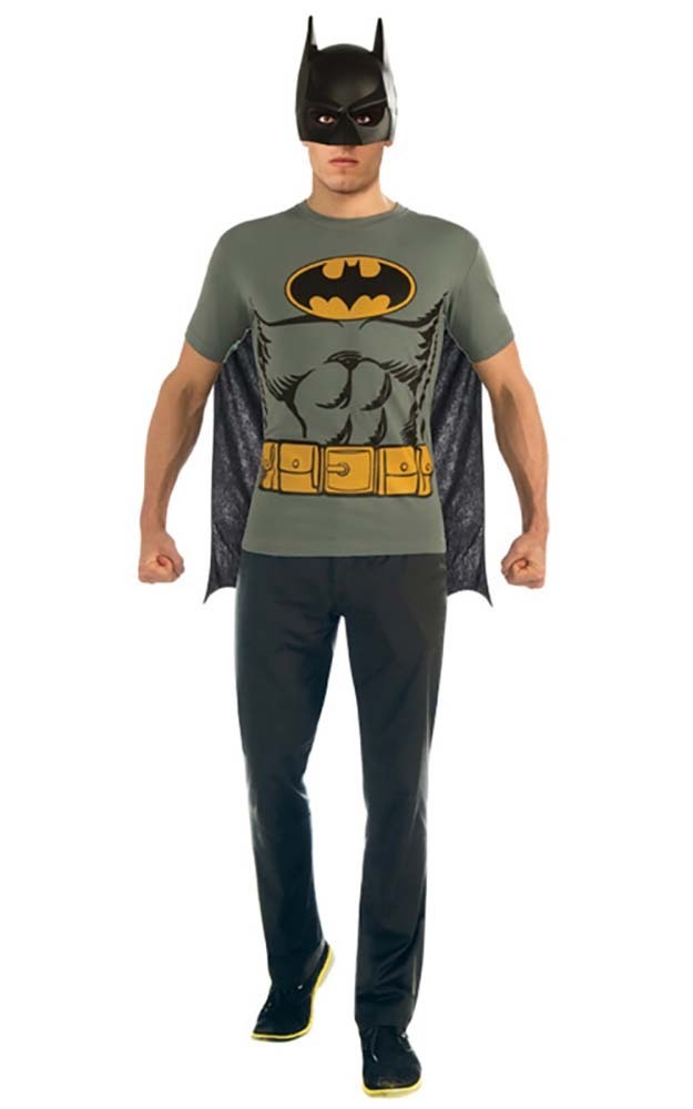 LICENSED MUSCLE CHEST BATMAN TOP T-SHIRT MASK ADULT MENS DRESS UP COSTUME