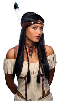 Indian Princess Pocahontas Black Wig Headband & Feather
