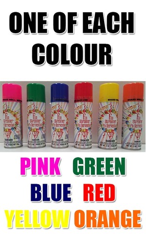 6 X Silly String Cans Red Blue Yellow Green Pink Orange