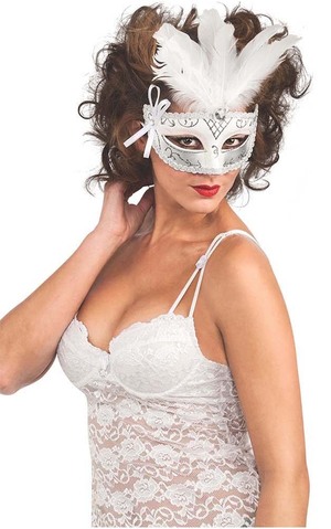 White Feathered  Masquerade Carnival Eye Mask